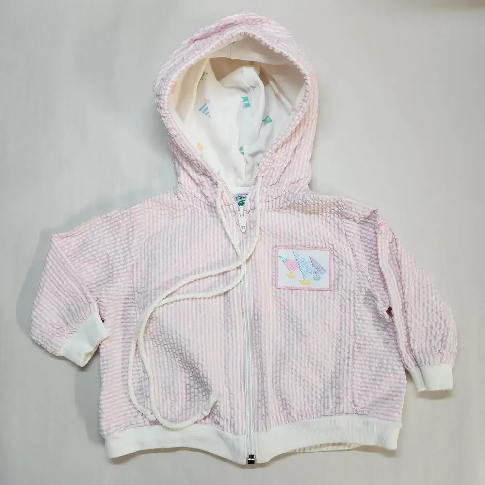 Lacoste Seersucker Jacket Size 12-24 Mths Pink Zip Up Hooded Cotton Vintage 80s